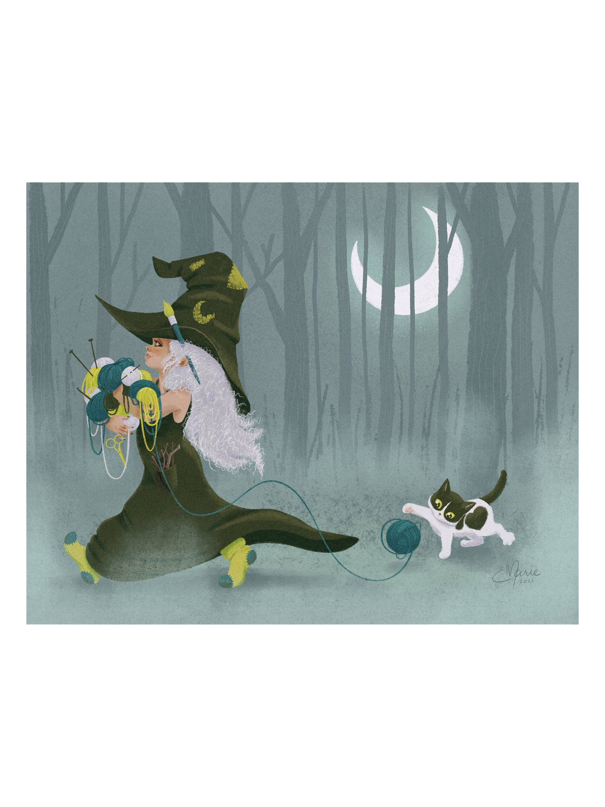 A wizard with a long white beard walks in a misty forest at night, carrying balls of yarn. A cat chases a trailing ball of yarn behind him, with a crescent moon glowing in the sky.