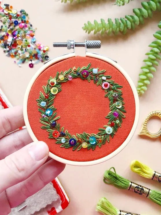 3" Beginner Holiday Wreath Ornament Embroidery Kit - Shop at Persephone's Hearth
