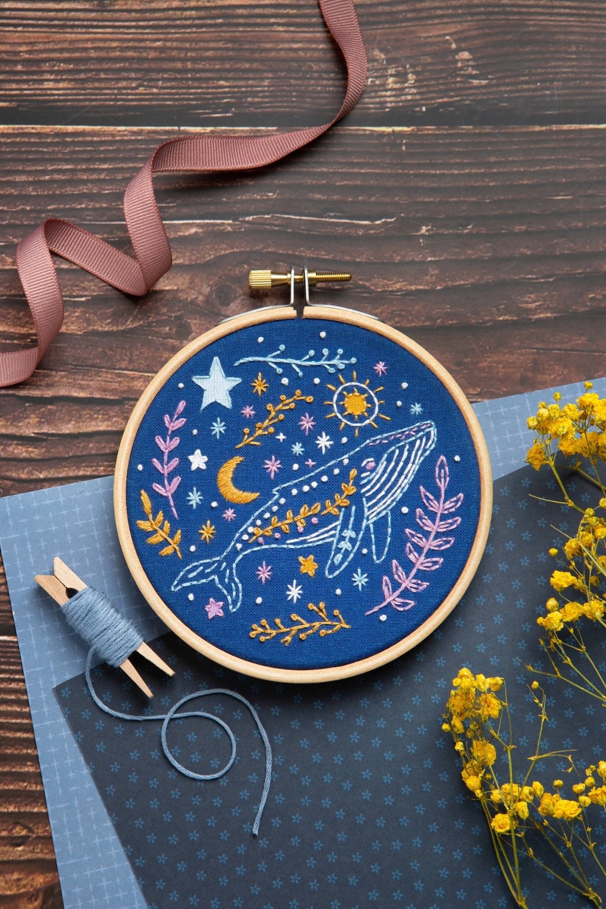 4" Beginner Celestial Whale Embroidery Kit - Shop at Persephone's Hearth