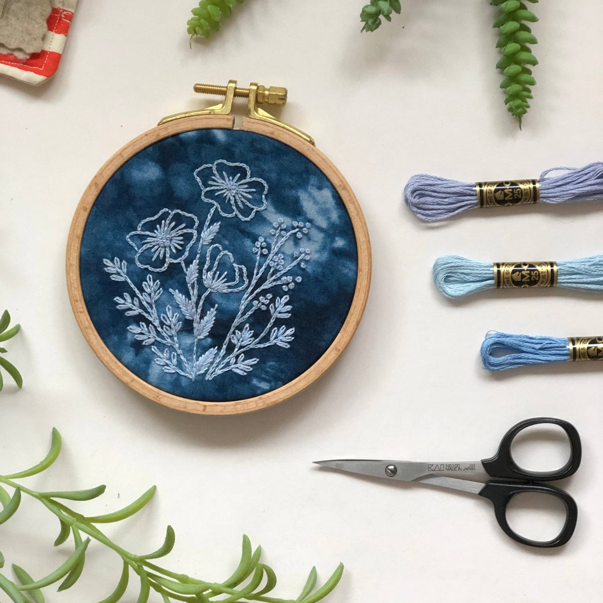 4" Beginner Cyanotype Florals Embroidery Kit - Shop at Persephone's Hearth