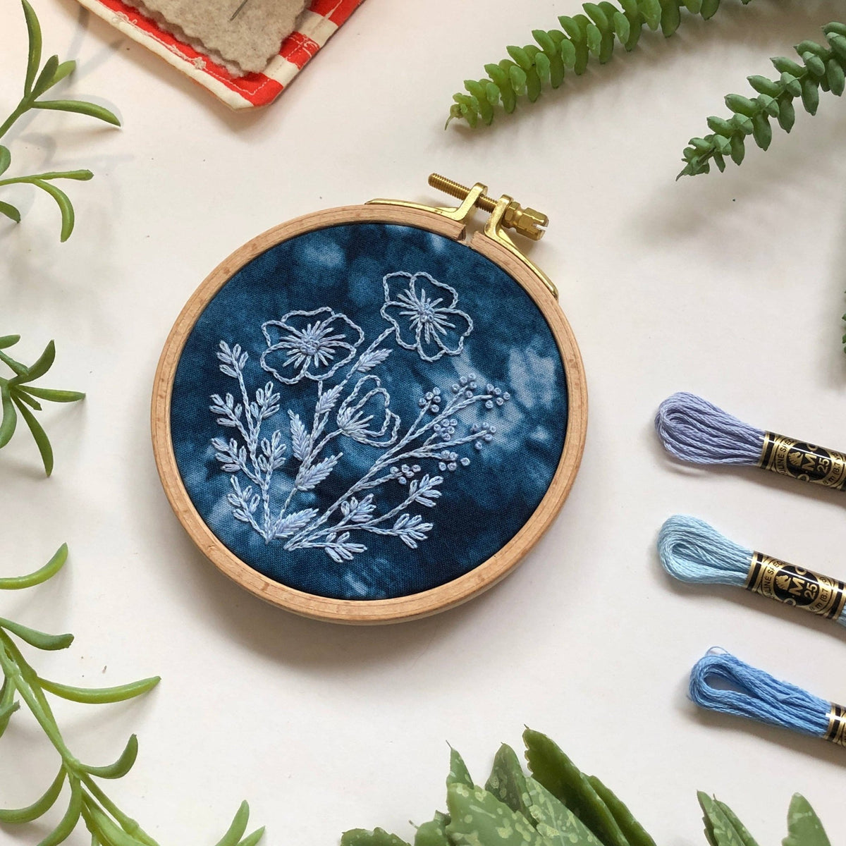 4" Beginner Cyanotype Florals Embroidery Kit - Shop at Persephone's Hearth