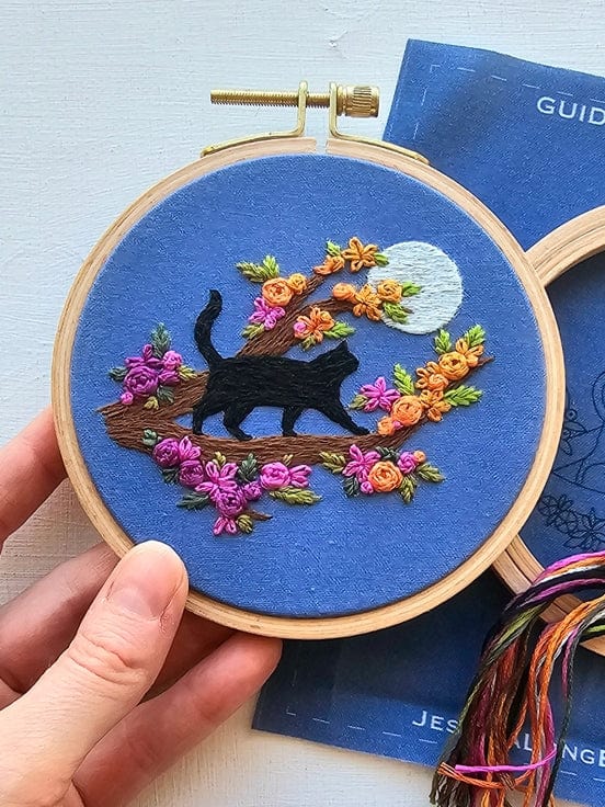 *Pre - order* 4" Beginner Mini Black Cat & Full Moon Embroidery Kit - Shop at Persephone's Hearth