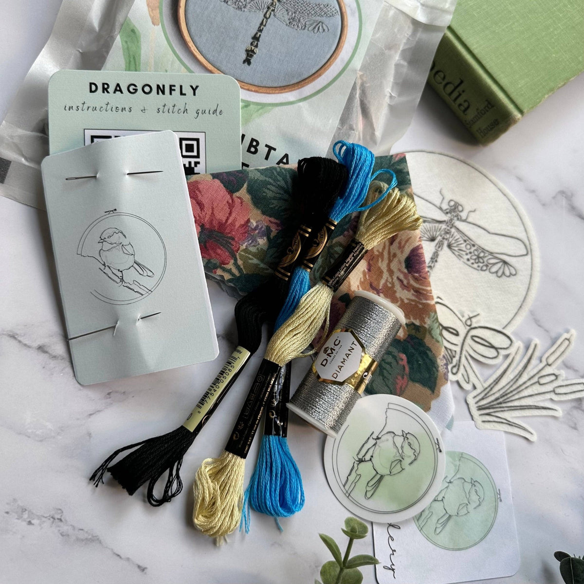 4" Beginner Olive Clubtail Dragonfly Embroidery Kit - Shop at Persephone's Hearth
