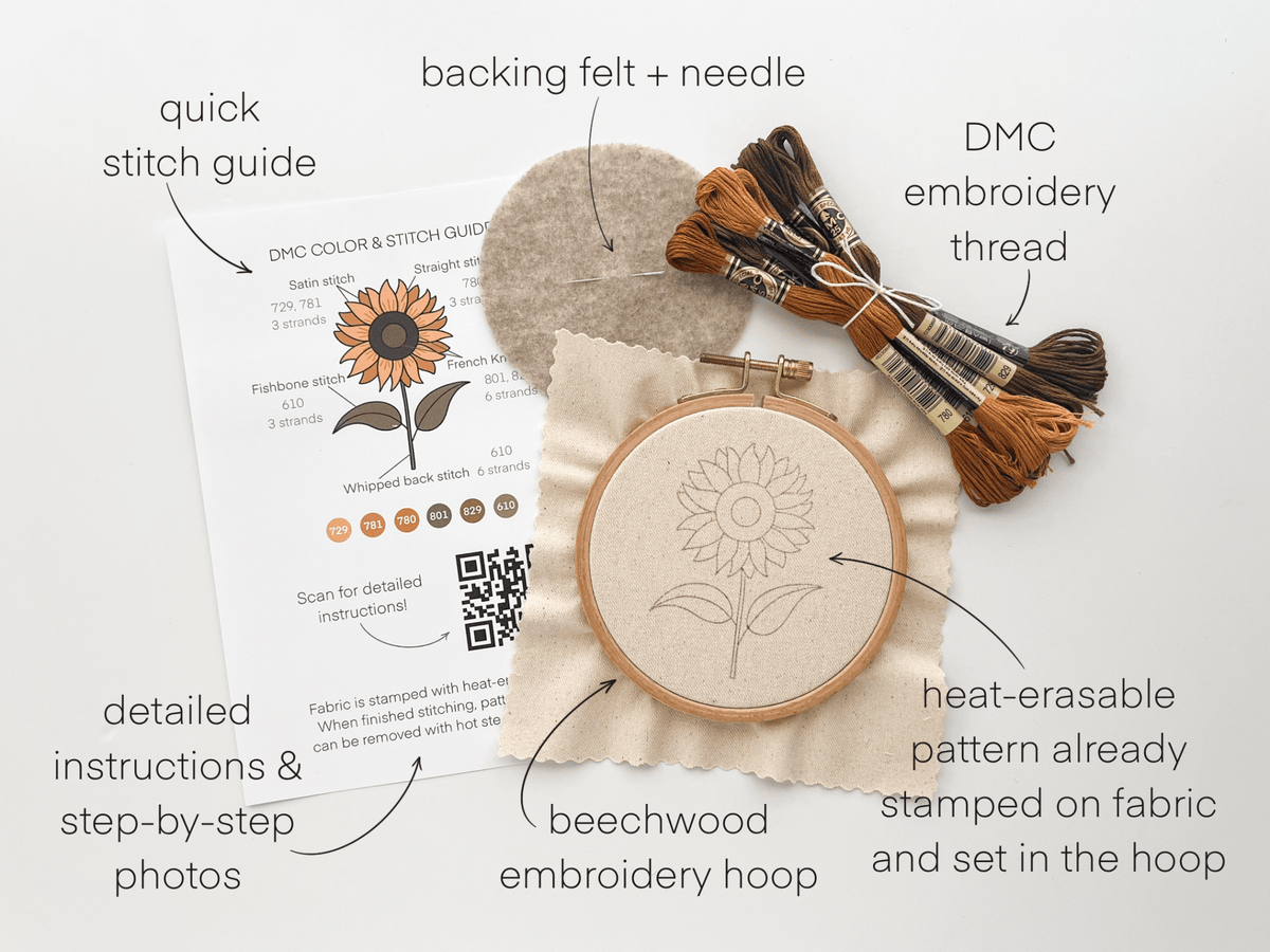 4" Beginner Sunflower Embroidery Kit - Shop at Persephone's Hearth