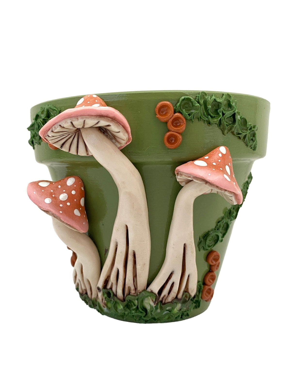 4" Green and Pink Mushroom Motif Plant Pot - Shop at Persephone's Hearth