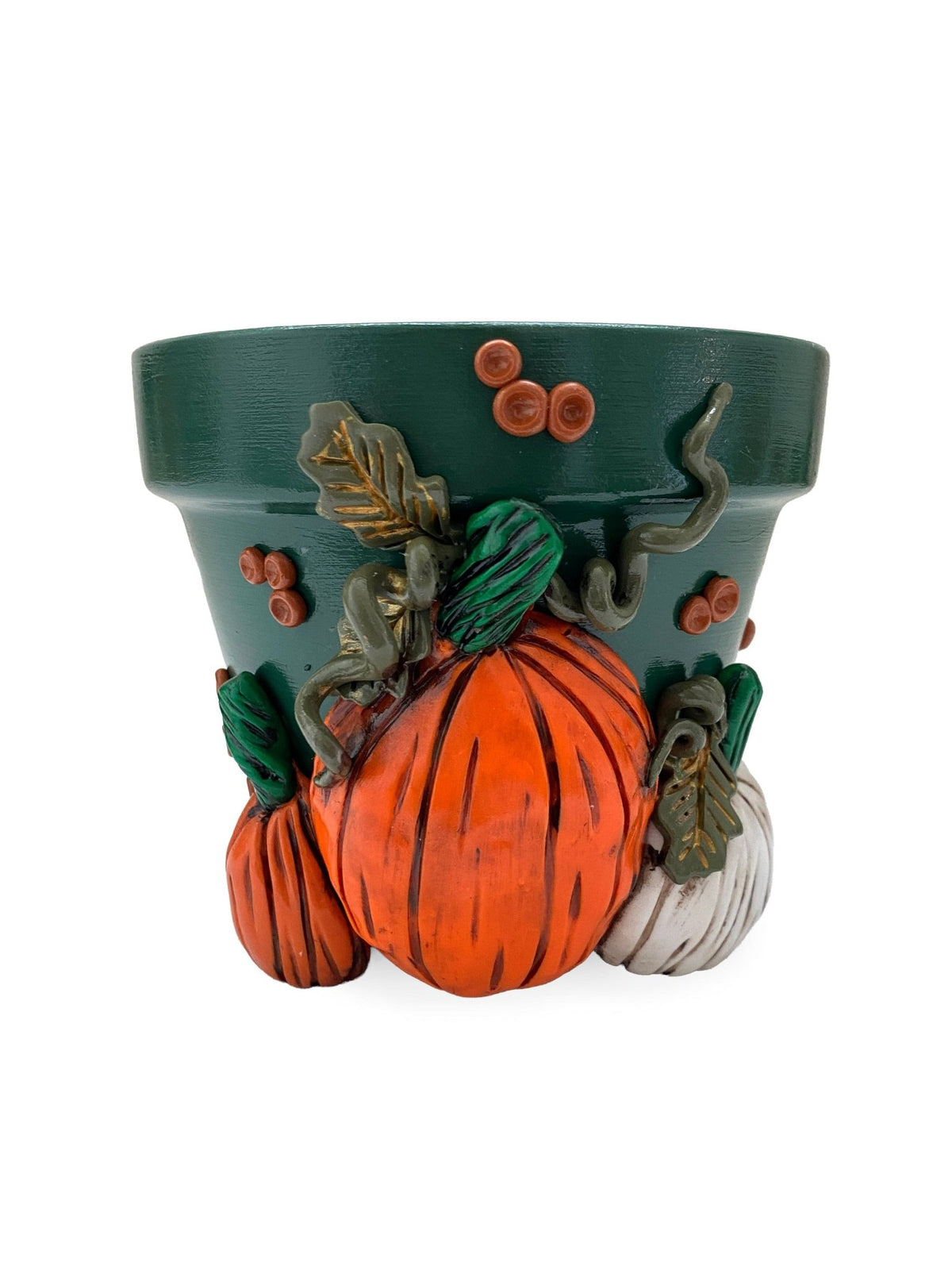 4" Limited Edition Forest Green Pumpkin Motif Plant Pot - Shop at Persephone's Hearth
