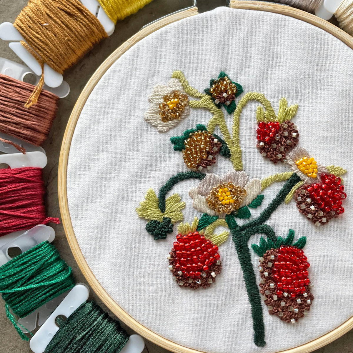 5" Beginner Strawberry Blossoms Beadwork Embroidery Kit - Shop at Persephone's Hearth