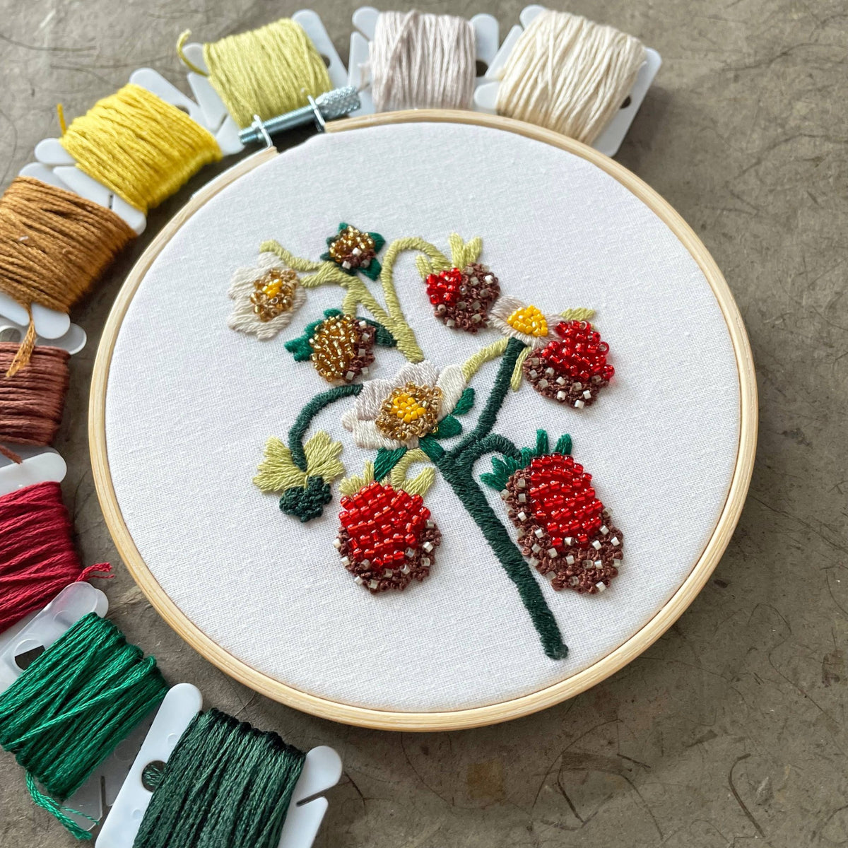 5" Beginner Strawberry Blossoms Beadwork Embroidery Kit - Shop at Persephone's Hearth