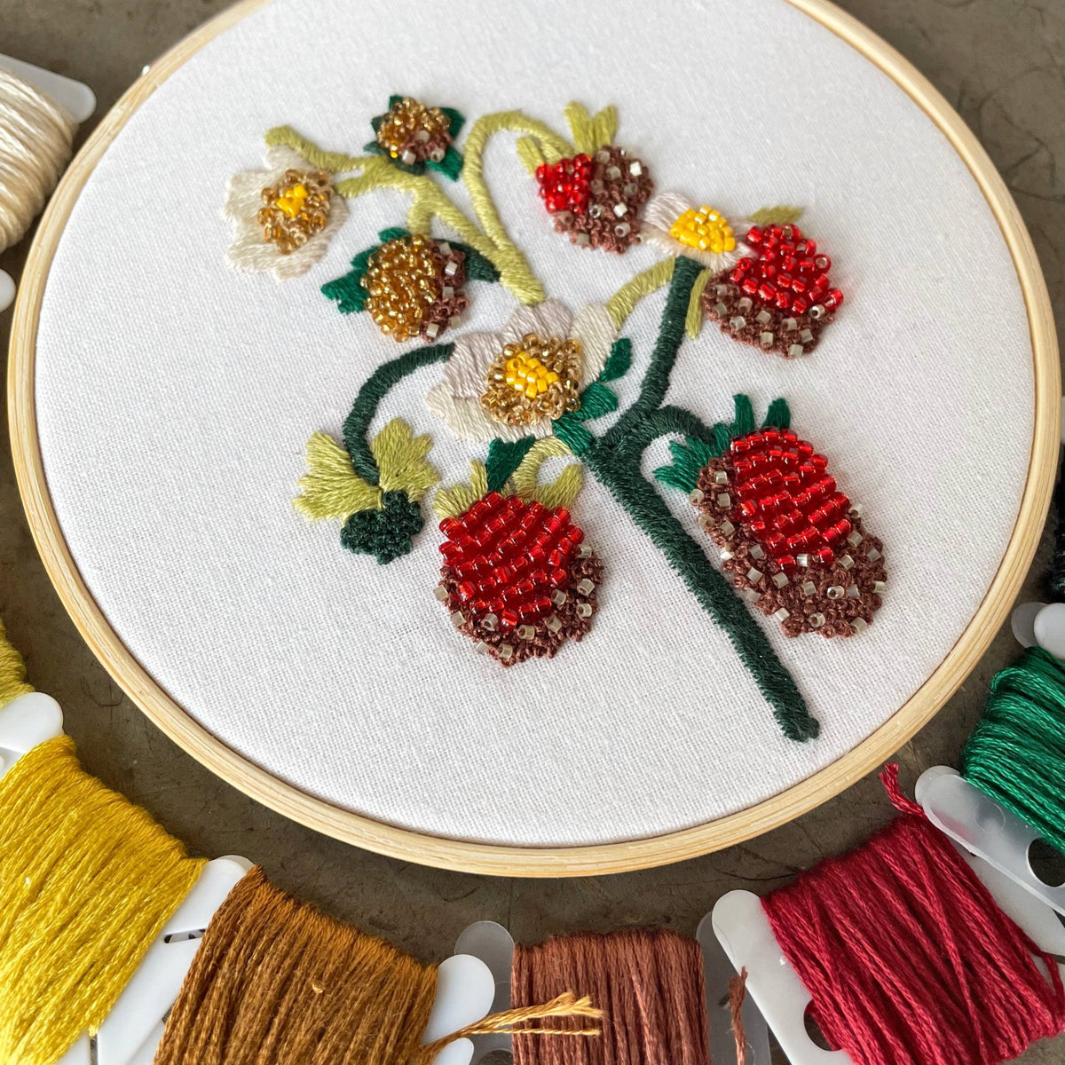 5" Beginner Strawberry Blossoms Beadwork Embroidery Kit - Shop at Persephone's Hearth