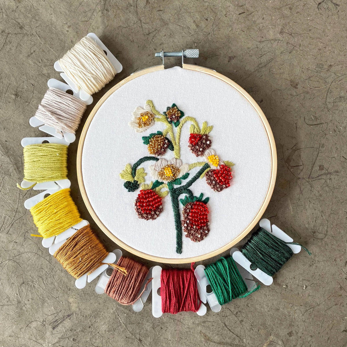 5" Beginner Strawberry Blossoms Beadwork Embroidery Kit - Shop at Persephone's Hearth