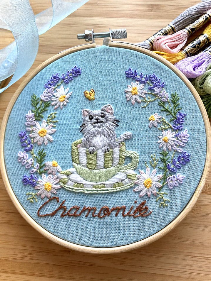5" Chamomile Tea Cat Embroidery Kit - Shop at Persephone's Hearth