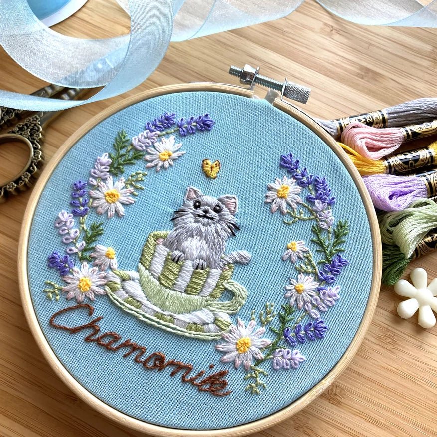 5" Chamomile Tea Cat Embroidery Kit - Shop at Persephone's Hearth