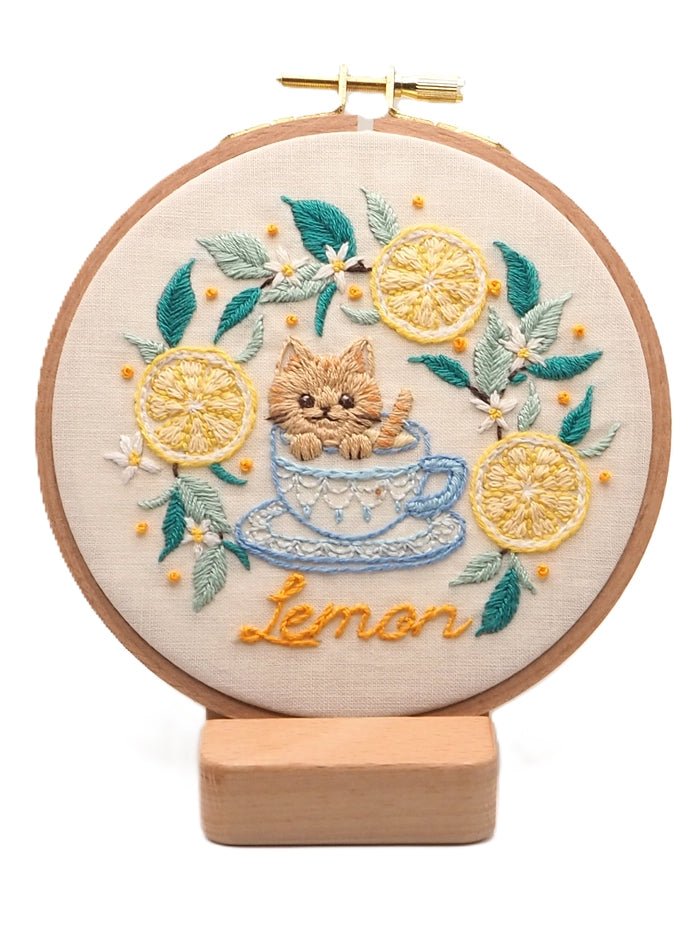 5" Lemon Tea Cat Embroidery Kit - Shop at Persephone's Hearth