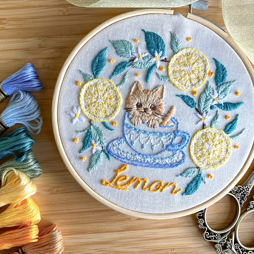 5" Lemon Tea Cat Embroidery Kit - Shop at Persephone's Hearth