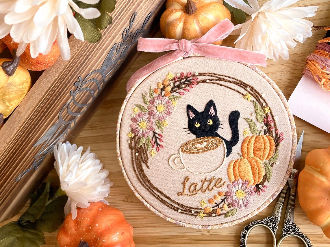 5" Pumpkin Latte Cat Embroidery Kit - Shop at Persephone's Hearth