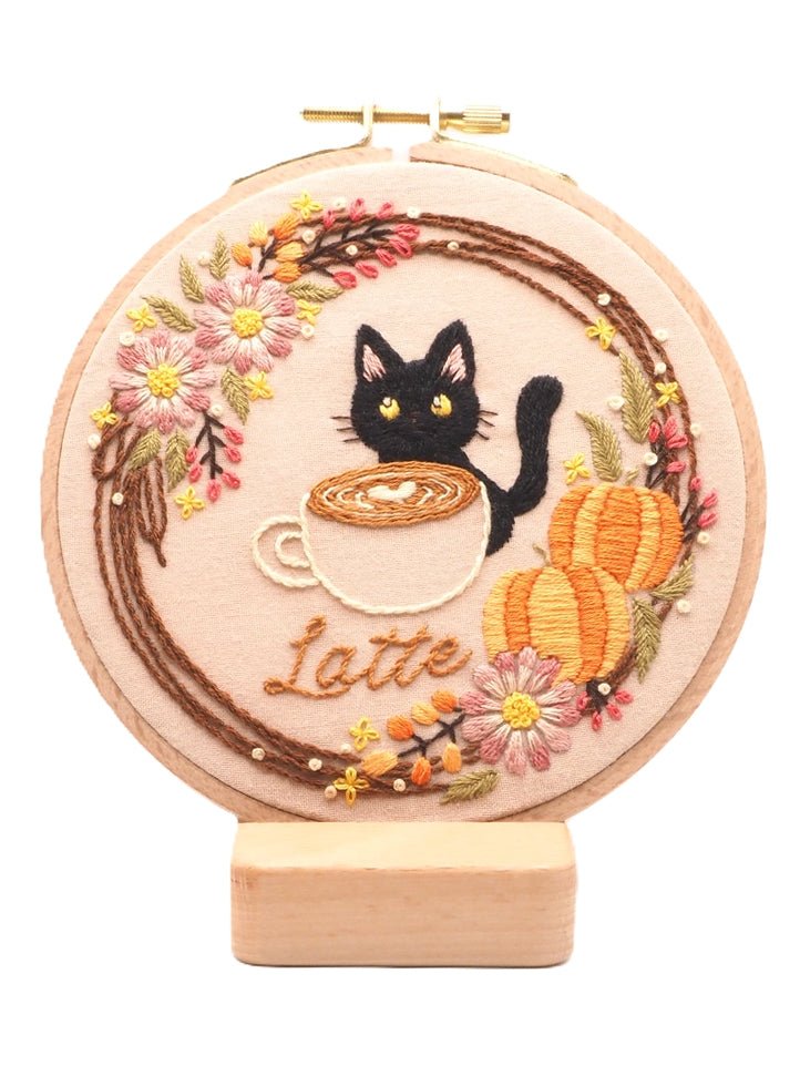 5" Pumpkin Latte Cat Embroidery Kit - Shop at Persephone's Hearth