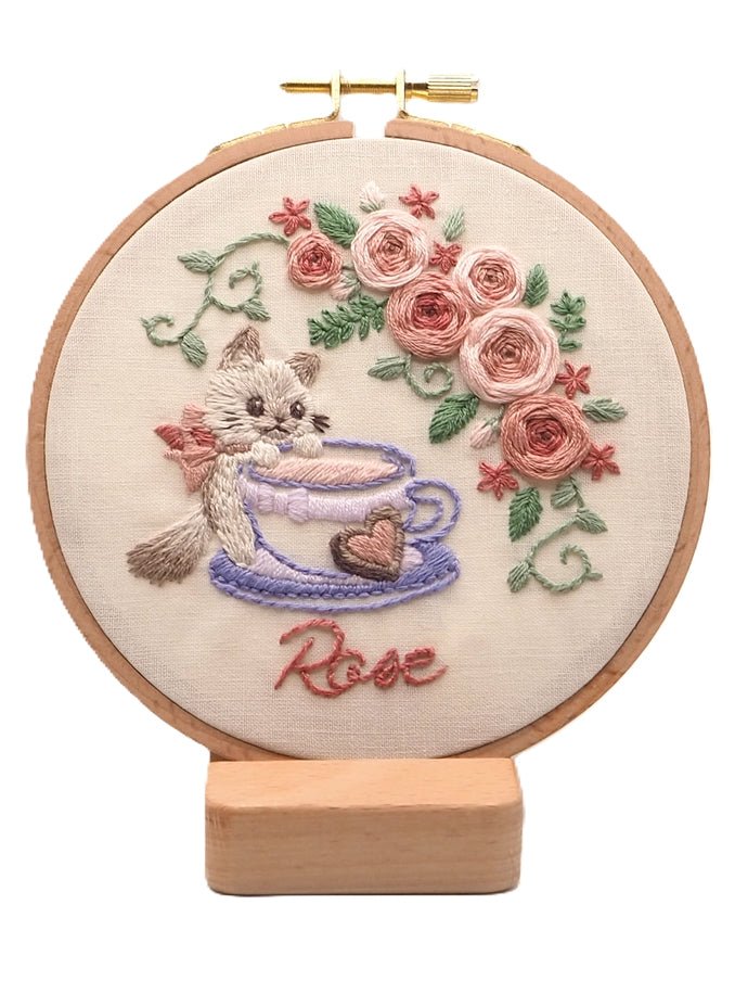 5" Rose Tea Cat Embroidery Kit - Shop at Persephone's Hearth
