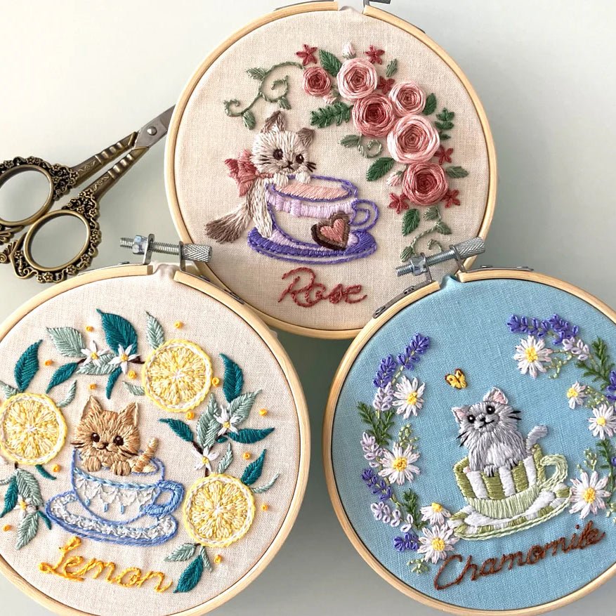 5" Rose Tea Cat Embroidery Kit - Shop at Persephone's Hearth