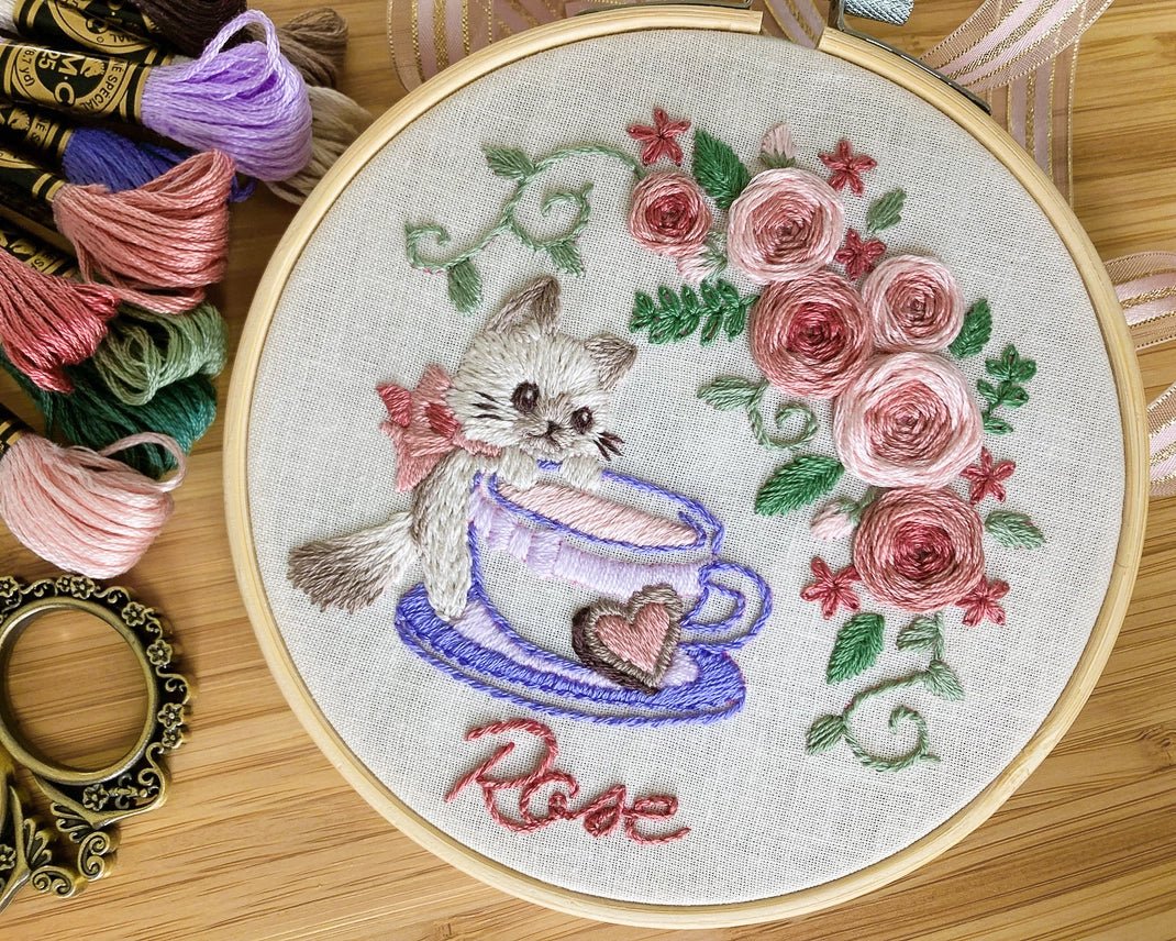 5" Rose Tea Cat Embroidery Kit - Shop at Persephone's Hearth