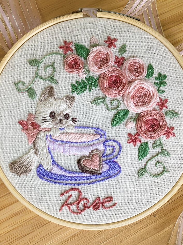 5" Rose Tea Cat Embroidery Kit - Shop at Persephone's Hearth