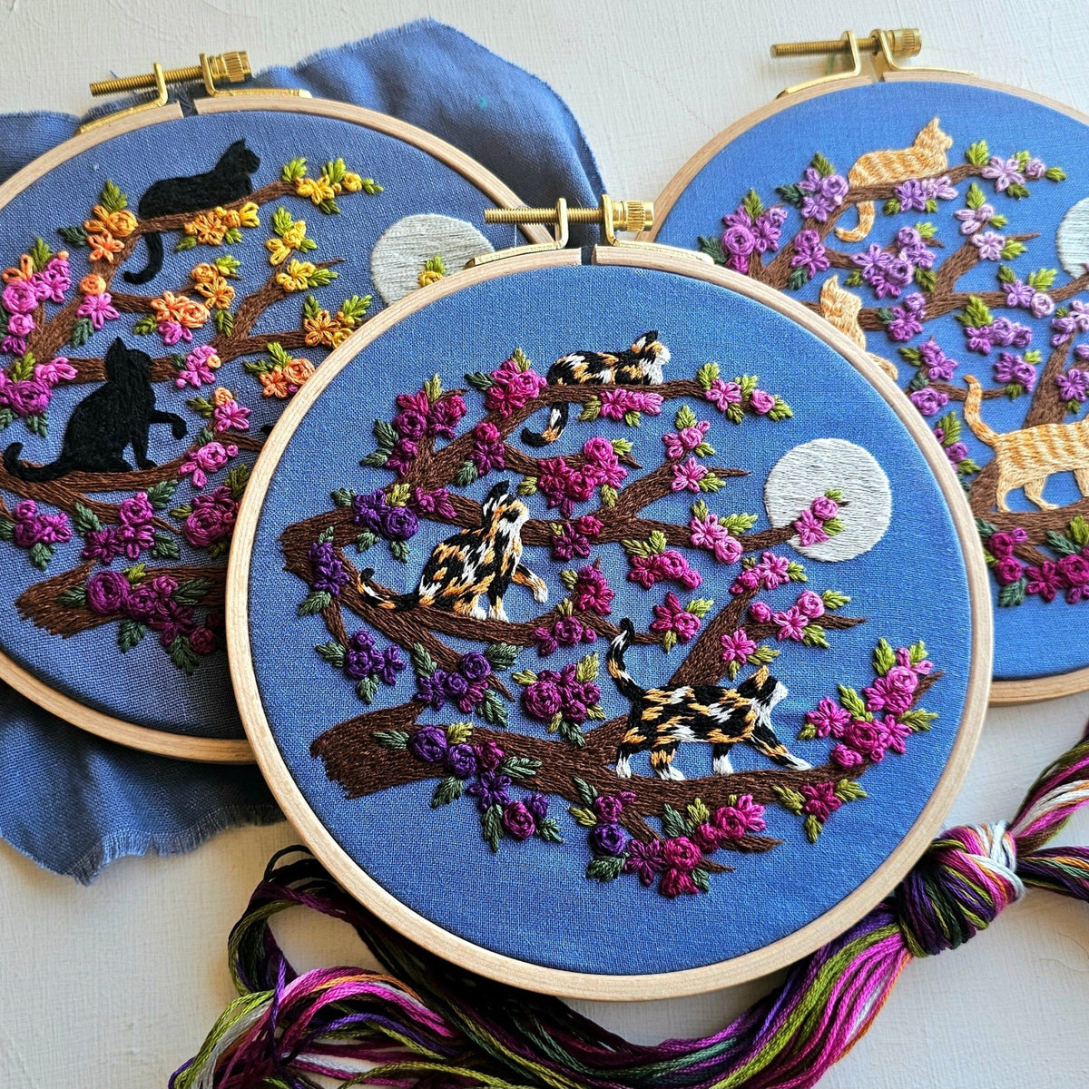 *Pre - order* 6" Beginner Calico Cats & Full Moon Embroidery Kit - Shop at Persephone's Hearth