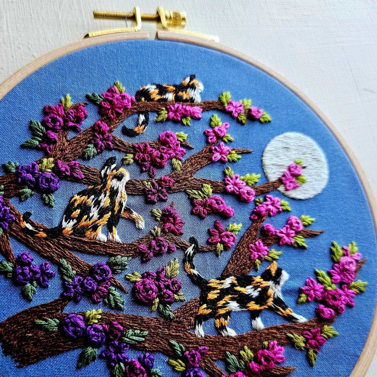 *Pre - order* 6" Beginner Calico Cats & Full Moon Embroidery Kit - Shop at Persephone's Hearth