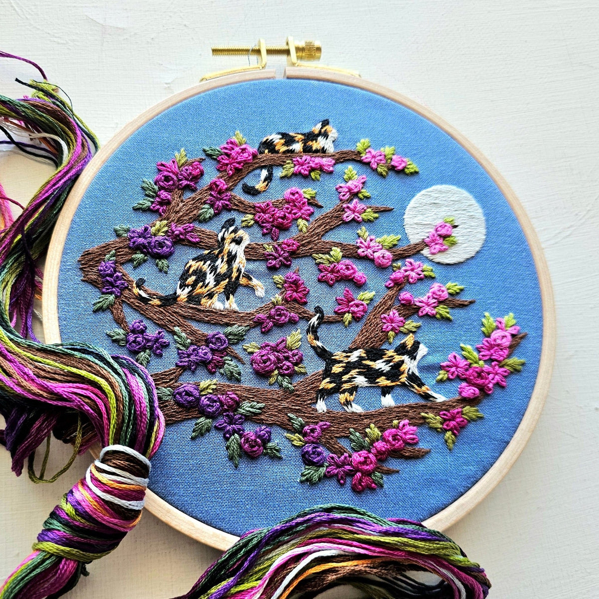 *Pre - order* 6" Beginner Calico Cats & Full Moon Embroidery Kit - Shop at Persephone's Hearth