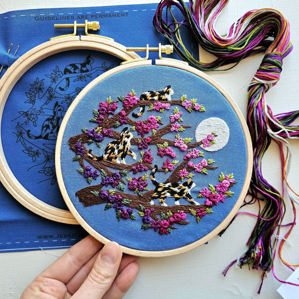 *Pre - order* 6" Beginner Calico Cats & Full Moon Embroidery Kit - Shop at Persephone's Hearth