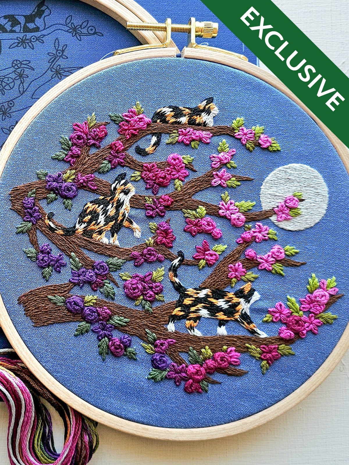 *Pre - order* 6" Beginner Calico Cats & Full Moon Embroidery Kit - Shop at Persephone's Hearth