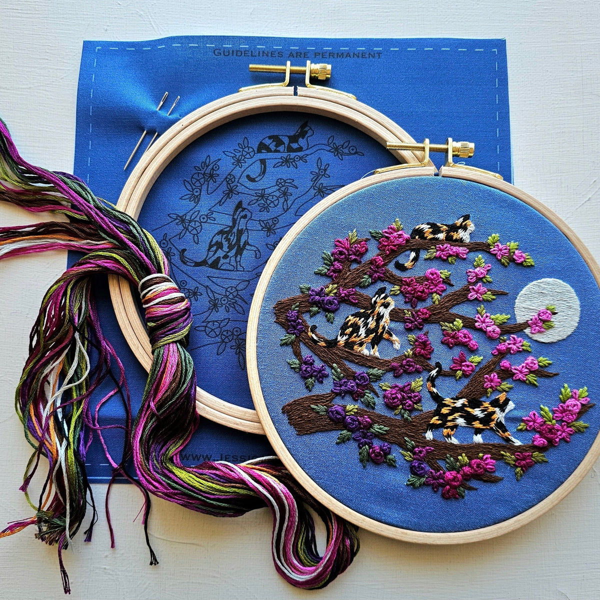 *Pre - order* 6" Beginner Calico Cats & Full Moon Embroidery Kit - Shop at Persephone's Hearth