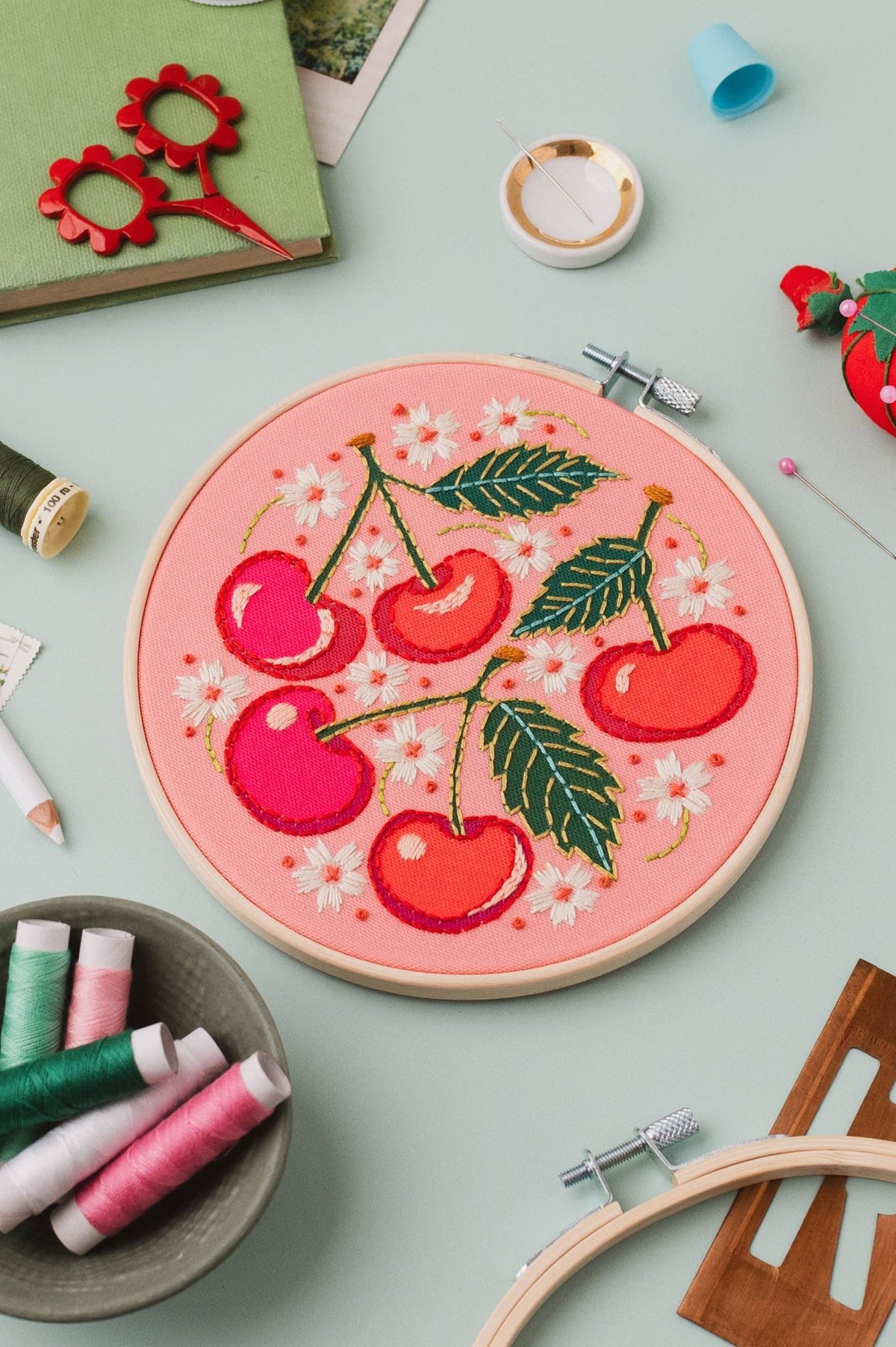 6" Beginner Cherries Embroidery Kit - Shop at Persephone's Hearth