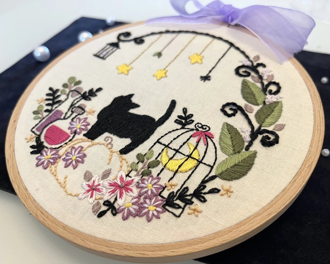 6" Beginner Fantasy Halloween Cat Embroidery Kit - Shop at Persephone's Hearth