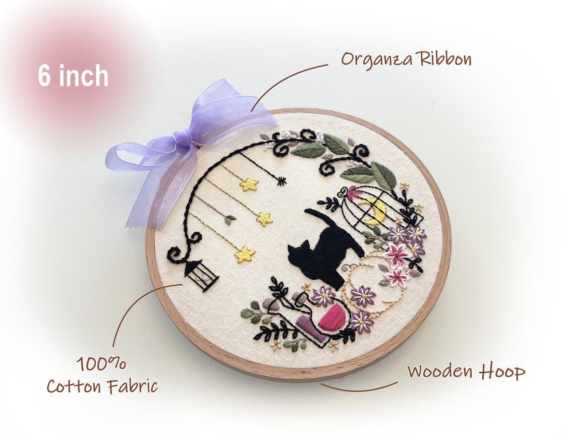 6" Beginner Fantasy Halloween Cat Embroidery Kit - Shop at Persephone's Hearth