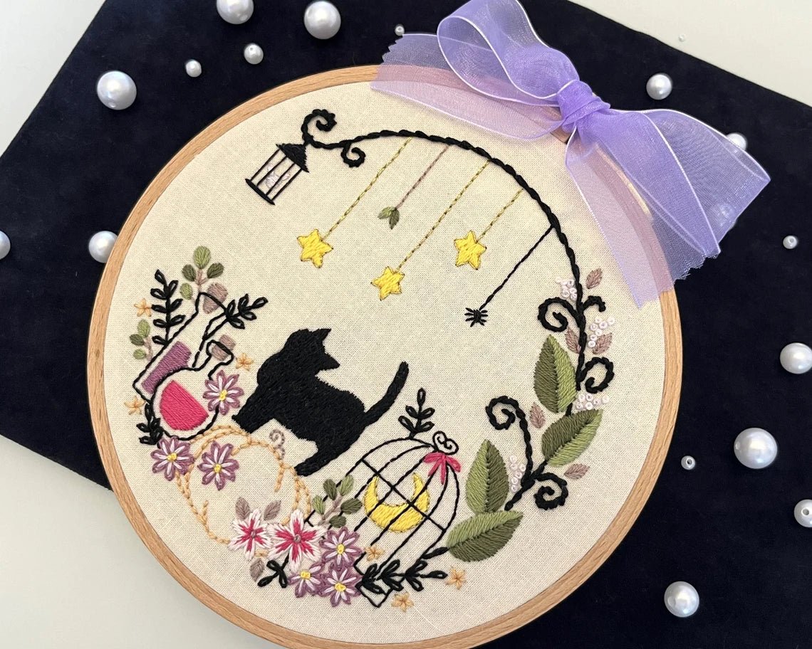 6" Beginner Fantasy Halloween Cat Embroidery Kit - Shop at Persephone's Hearth