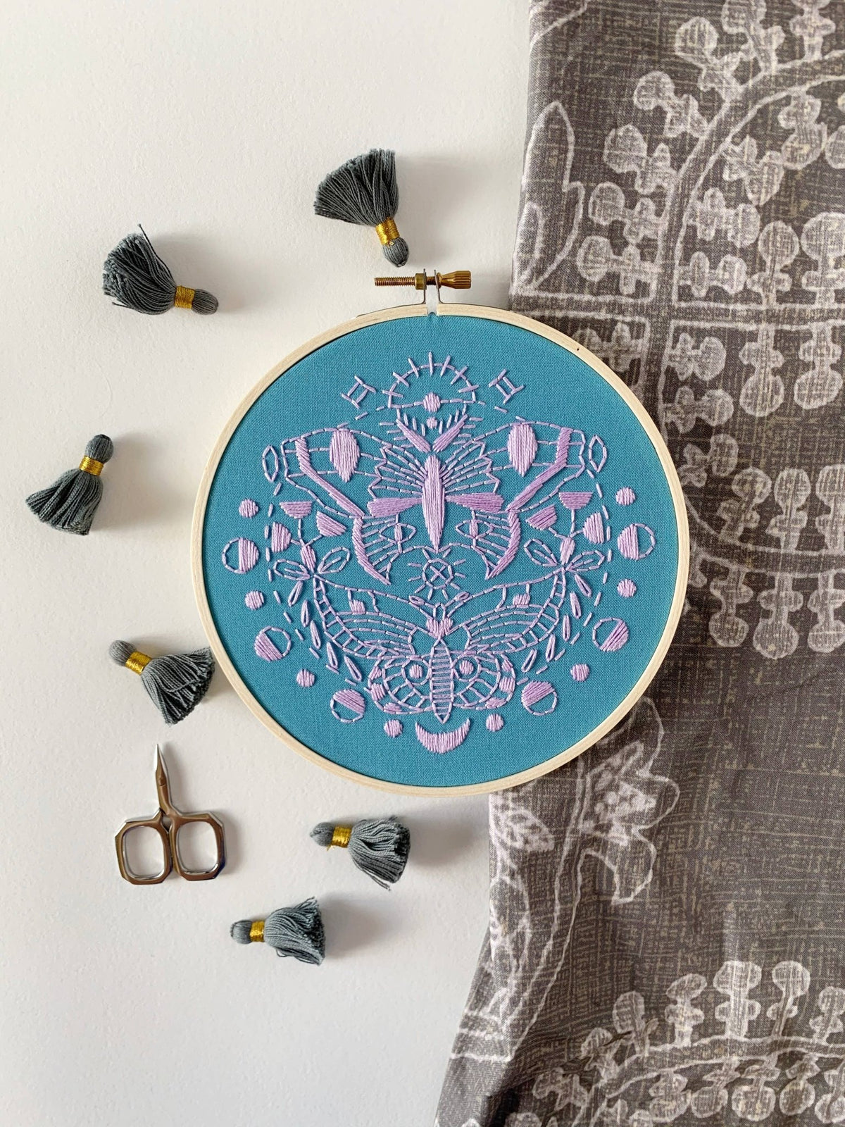 6" Beginner Gemini Moths Embroidery Kit - Shop at Persephone's Hearth