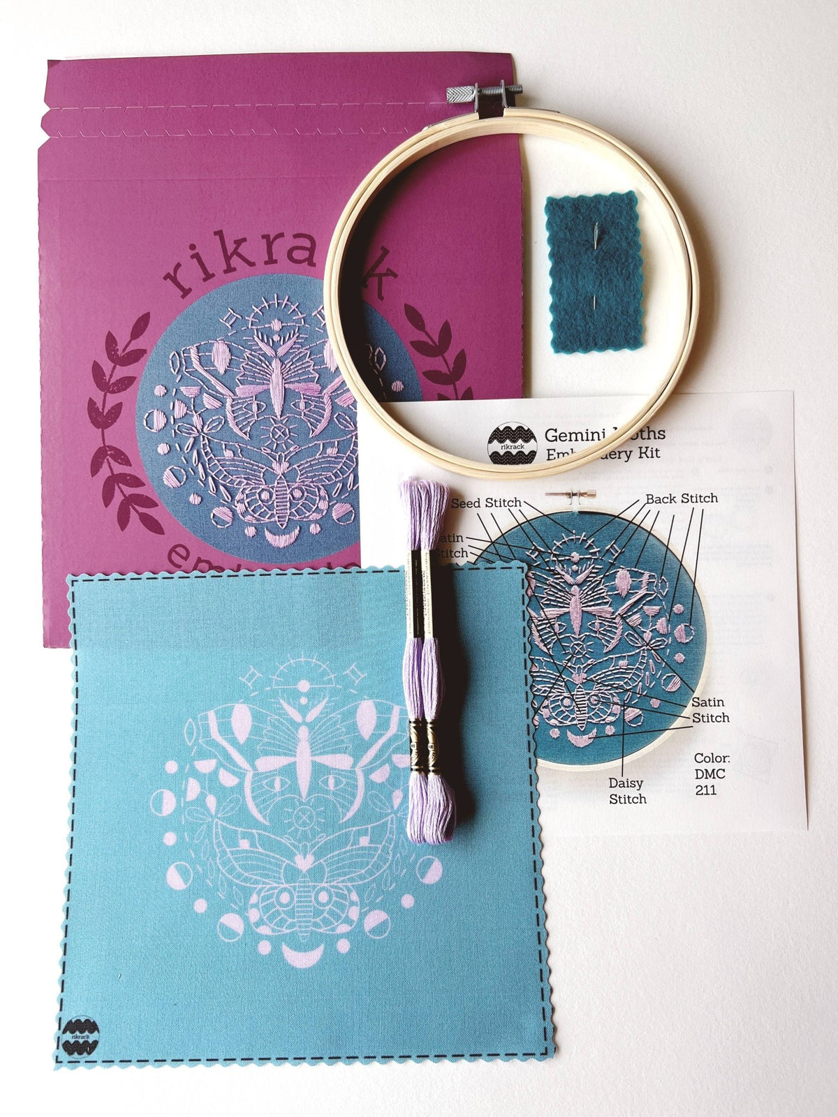 6" Beginner Gemini Moths Embroidery Kit - Shop at Persephone's Hearth