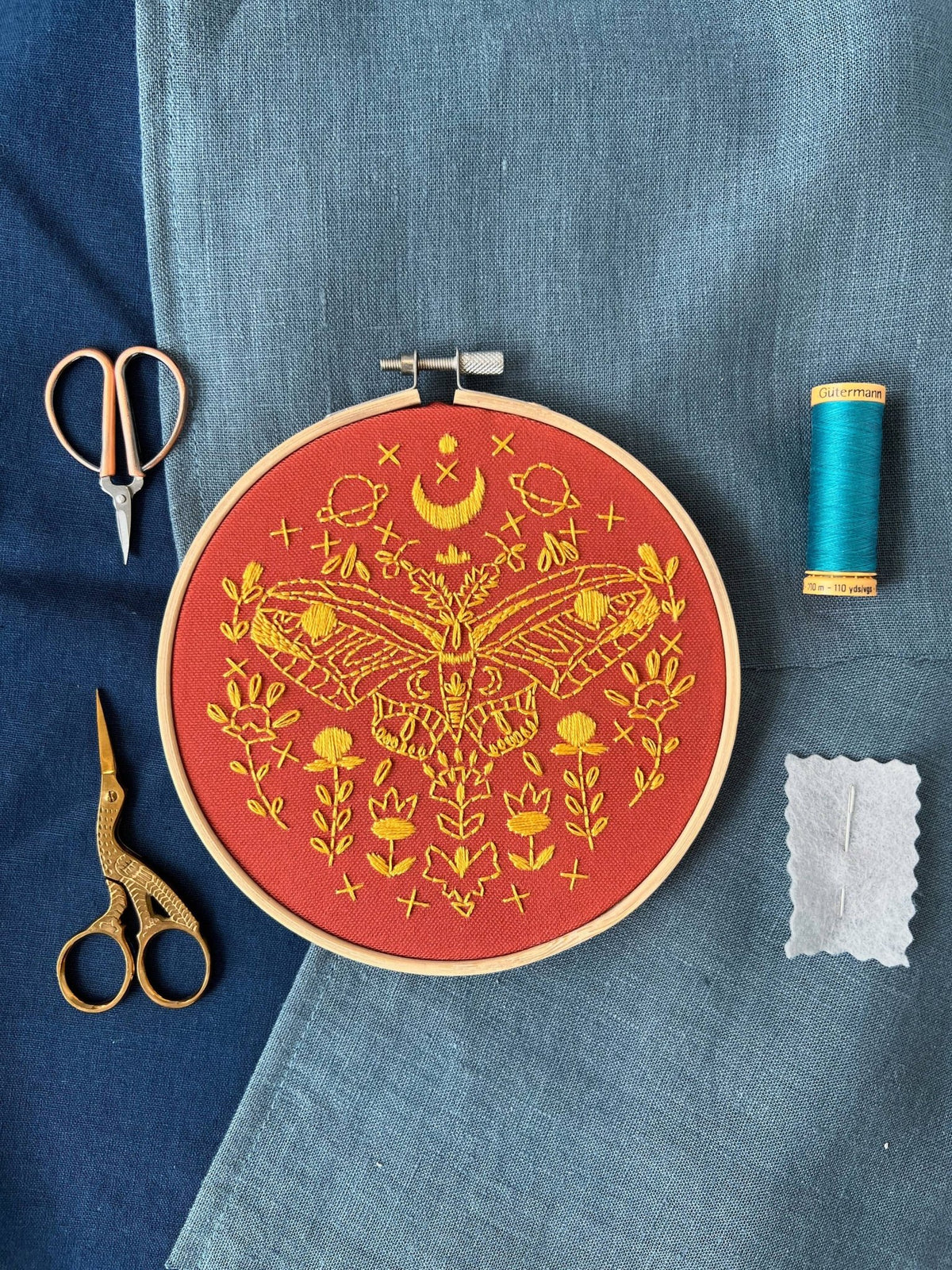 6" Beginner Golden Moth Embroidery Kit - Shop at Persephone's Hearth