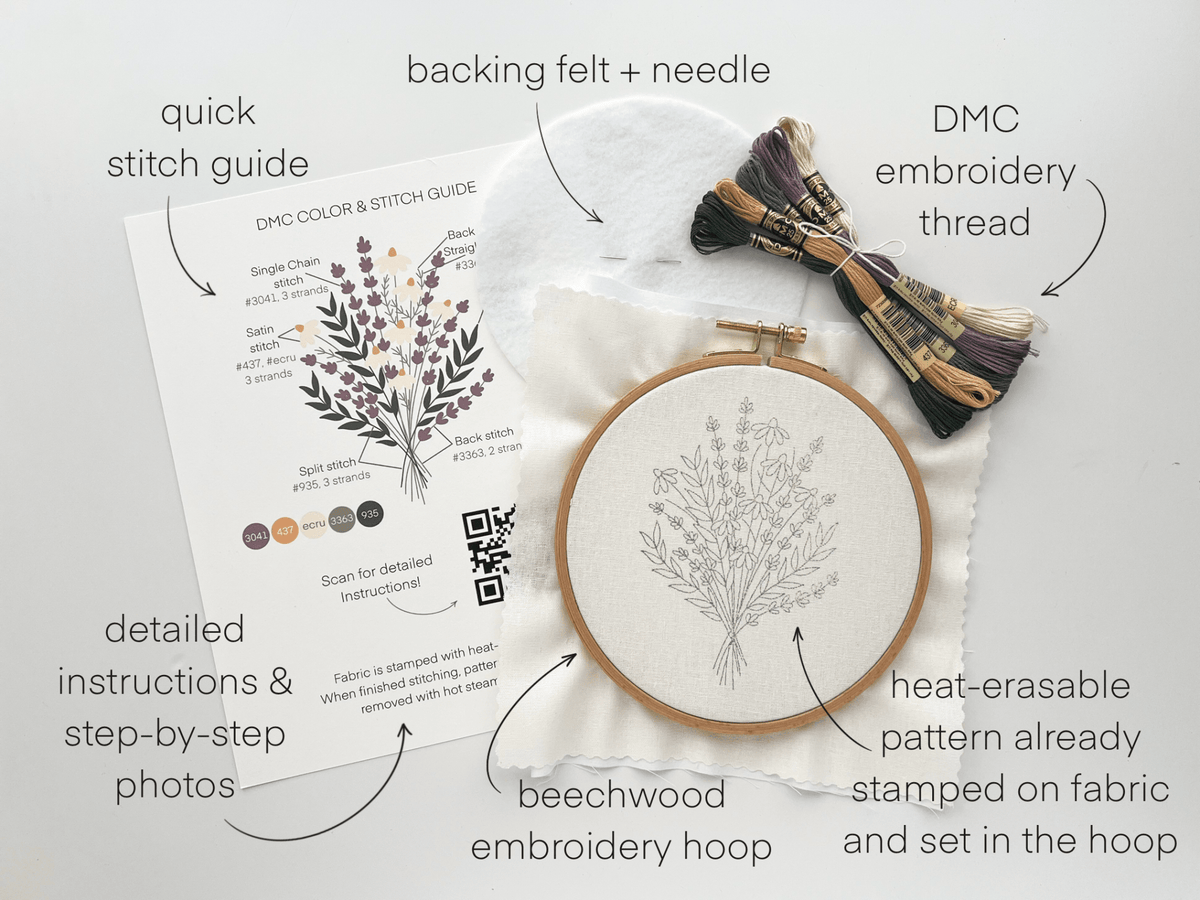 6" Beginner Lavender and Daisies Embroidery Kit - Shop at Persephone's Hearth