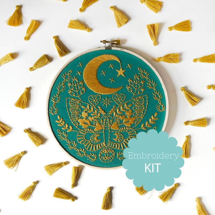 6" Beginner Lunar Moth Embroidery Kit - Shop at Persephone's Hearth
