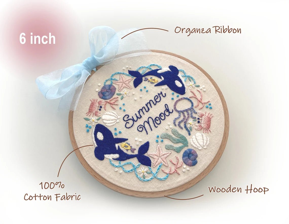 6" Beginner Summer Orca Embroidery Kit - Shop at Persephone's Hearth
