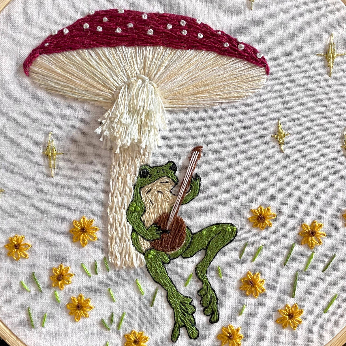 6" Beginner Toadstool Serenade Frog & Mushroom DIY Embroidery Kit - Shop at Persephone's Hearth