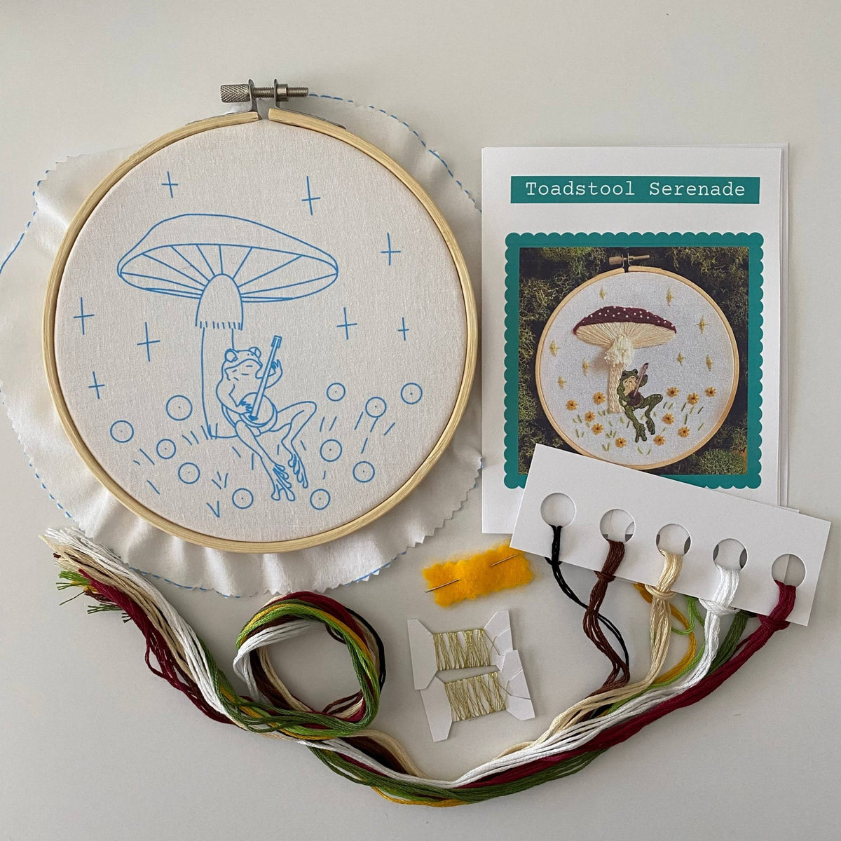6" Beginner Toadstool Serenade Frog & Mushroom DIY Embroidery Kit - Shop at Persephone's Hearth