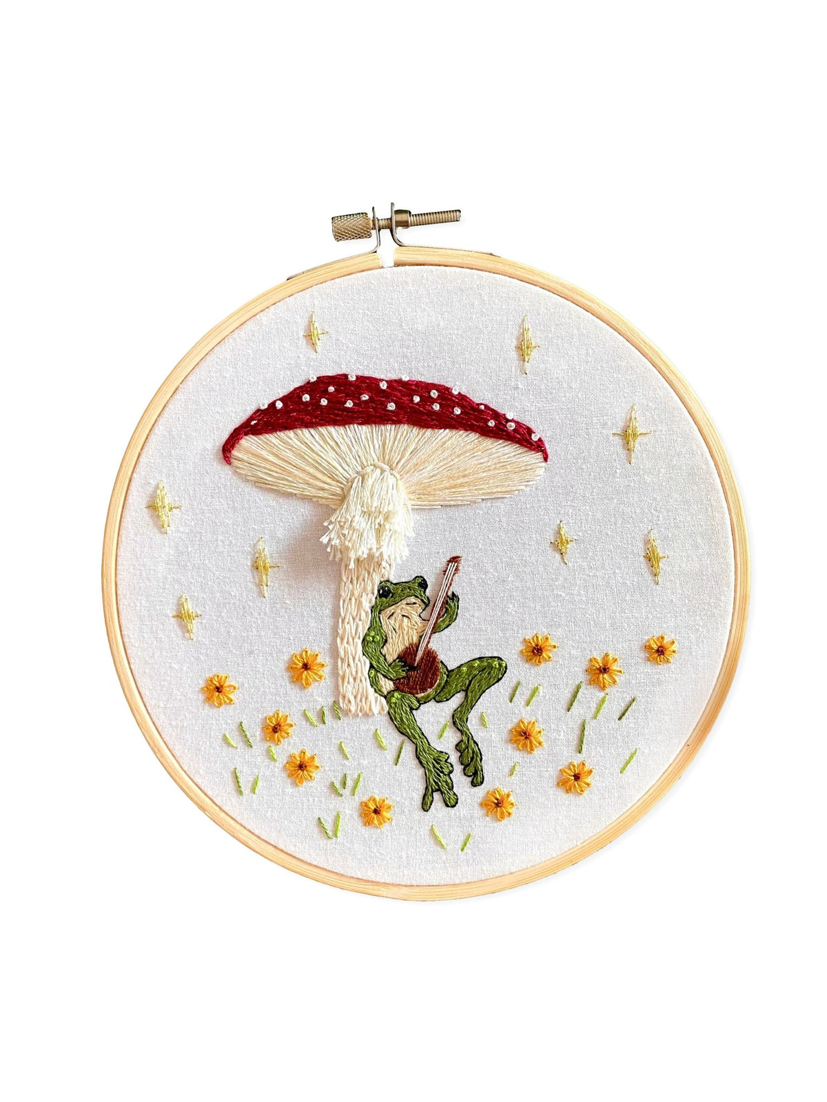 6" Beginner Toadstool Serenade Frog & Mushroom DIY Embroidery Kit - Shop at Persephone's Hearth