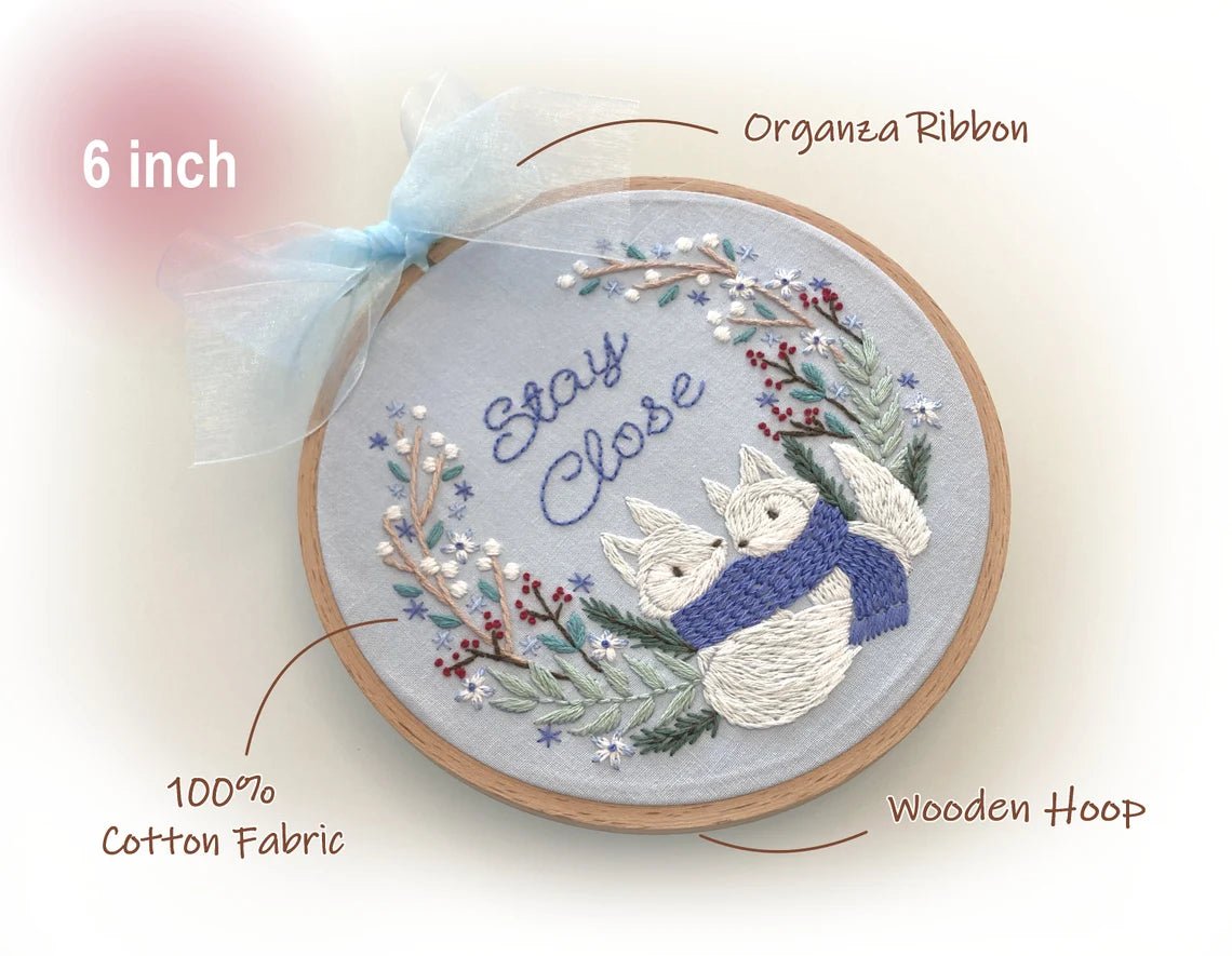 6" Beginner Winter Foxes Embroidery Kit - Shop at Persephone's Hearth