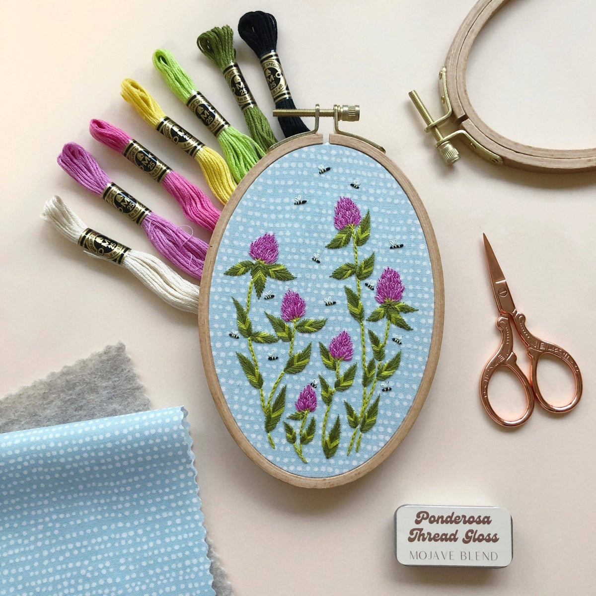 6" x 4" Bees Among Clover Embroidery Kit - Shop at Persephone's Hearth