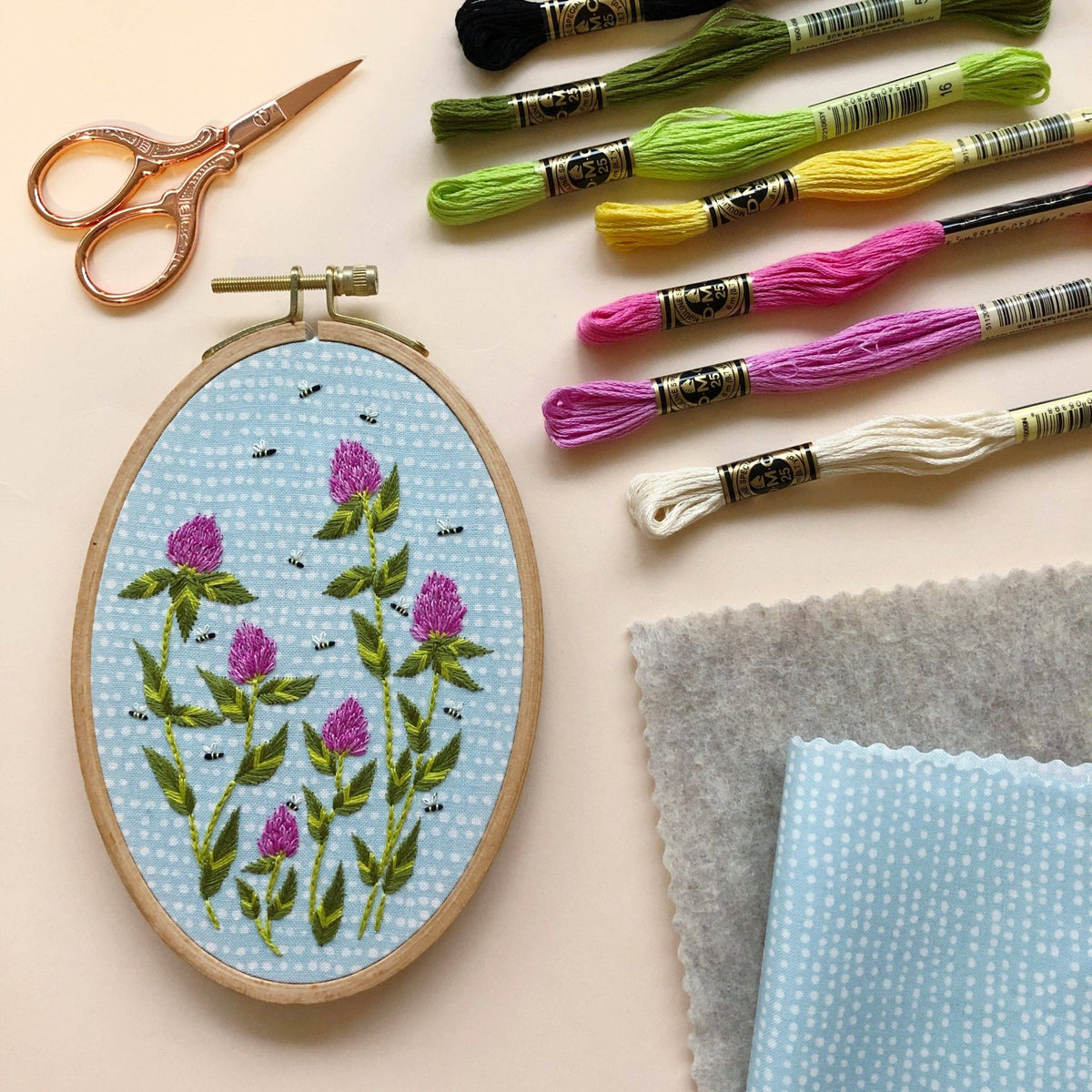 6" x 4" Bees Among Clover Embroidery Kit - Shop at Persephone's Hearth