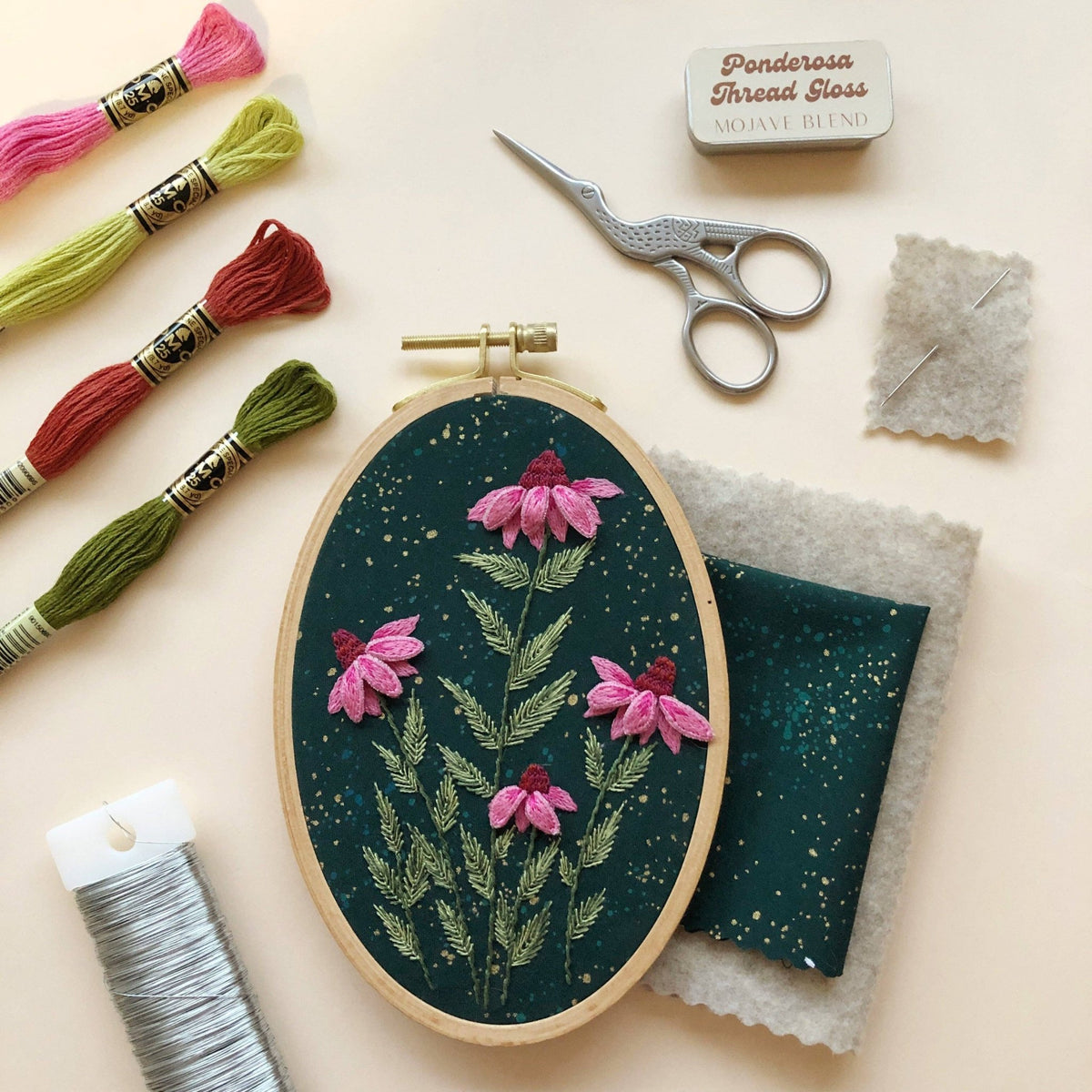 6" x 4" Coneflowers 3D Embroidery Kit - Shop at Persephone's Hearth