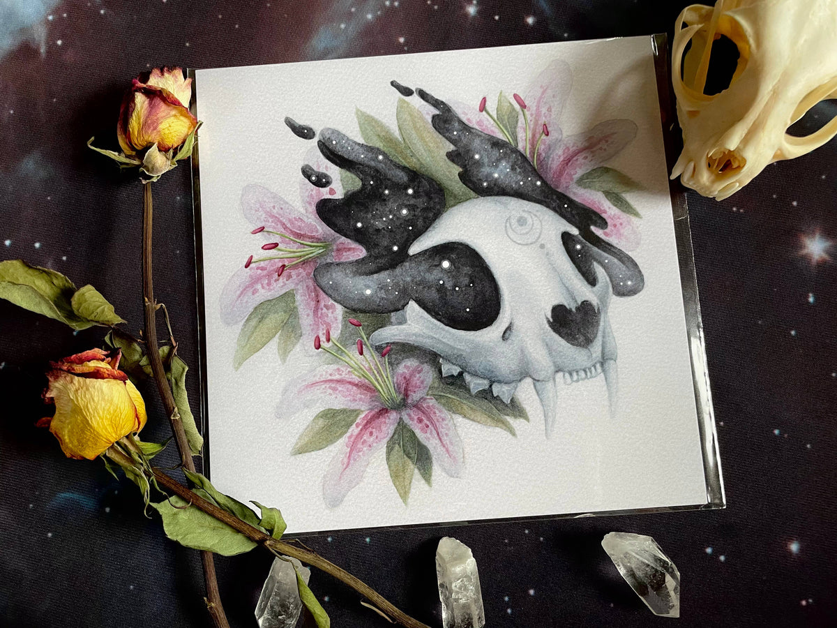 Amanda Tulacz Illustration Giclee Print "Luna" 8x8" Cat Skull Art Print, witchy print, watercolor