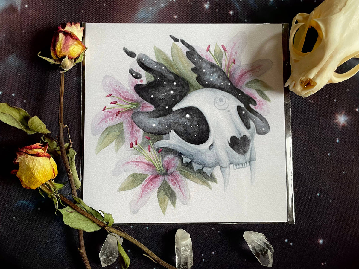 Amanda Tulacz Illustration "Luna" 8x8" Cat Skull Art Print, witchy print, watercolor