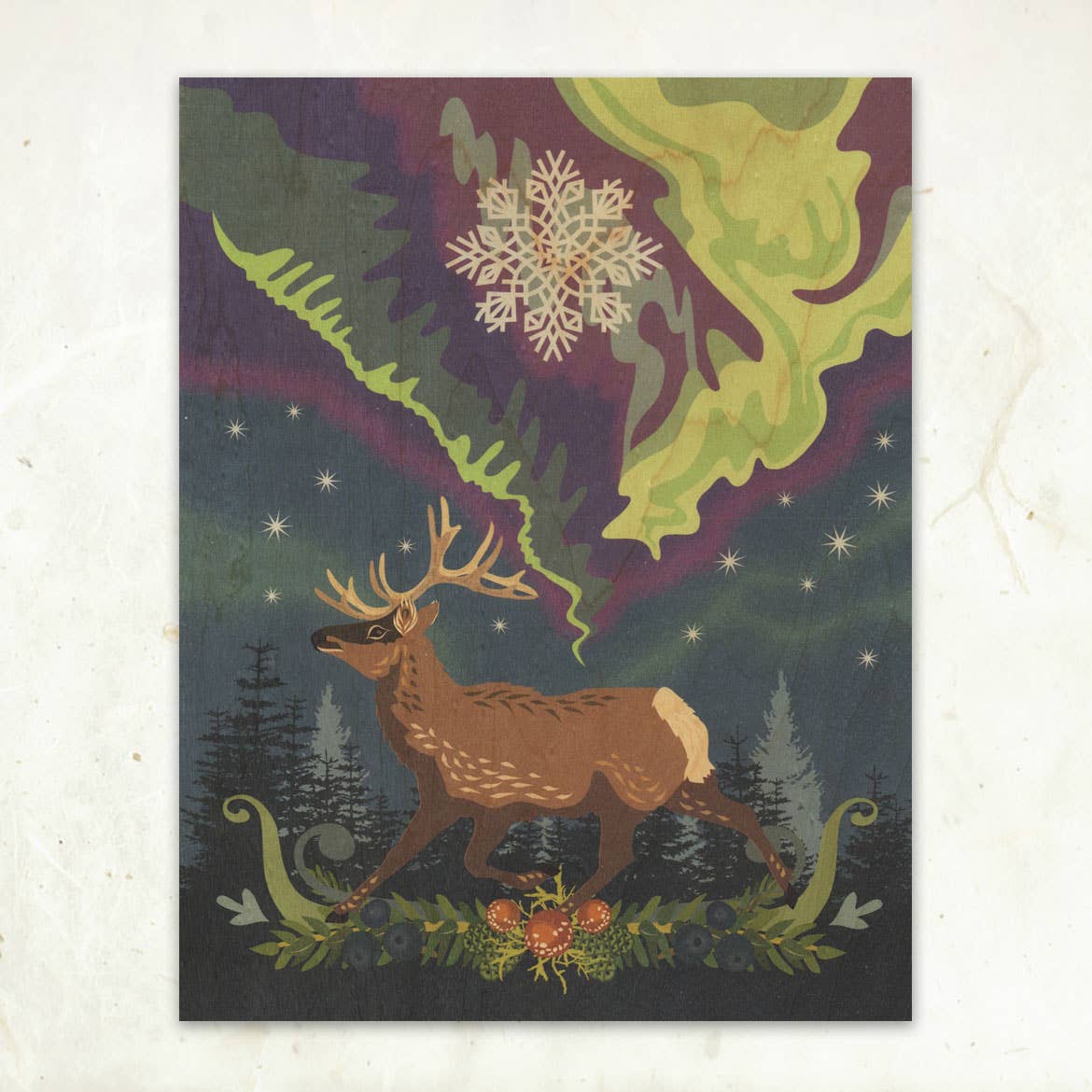 Aurora Reindeer Small Wood Print, 11" x 8.5" - Shop at Persephone's Hearth